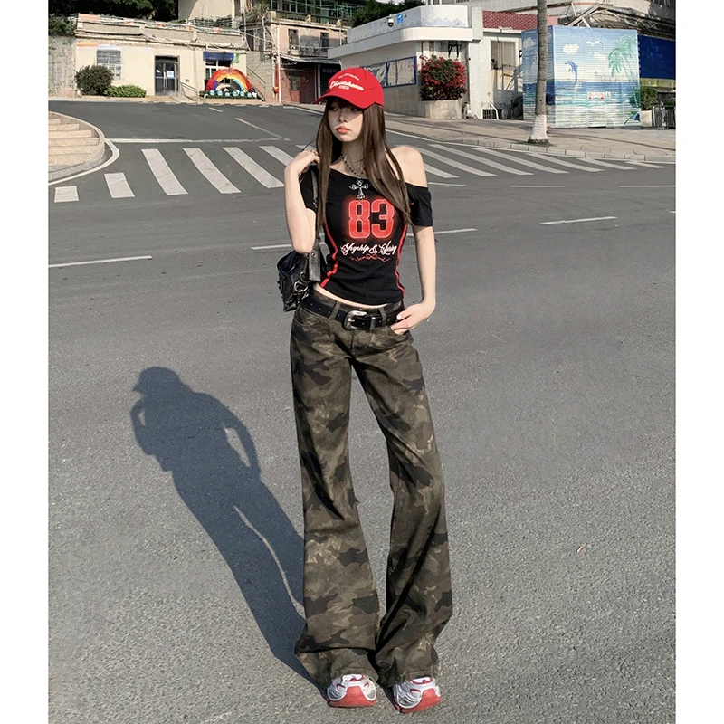 NORNLGGER 美式复古低腰牛仔裤女春秋2025新款显瘦垂感迷彩喇叭裤
