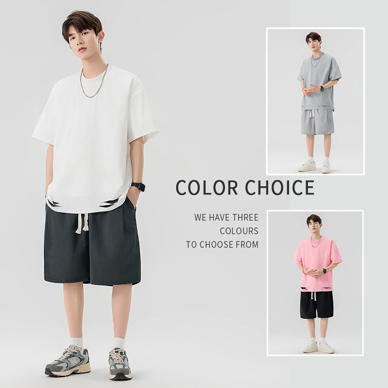 【富富】夏季男士休闲破洞短袖凉爽透气舒适百搭净版宽松DWX2619