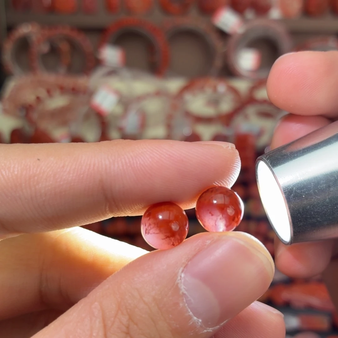 南红玛瑙未镶嵌颈饰一对妖火焰圆珠9+