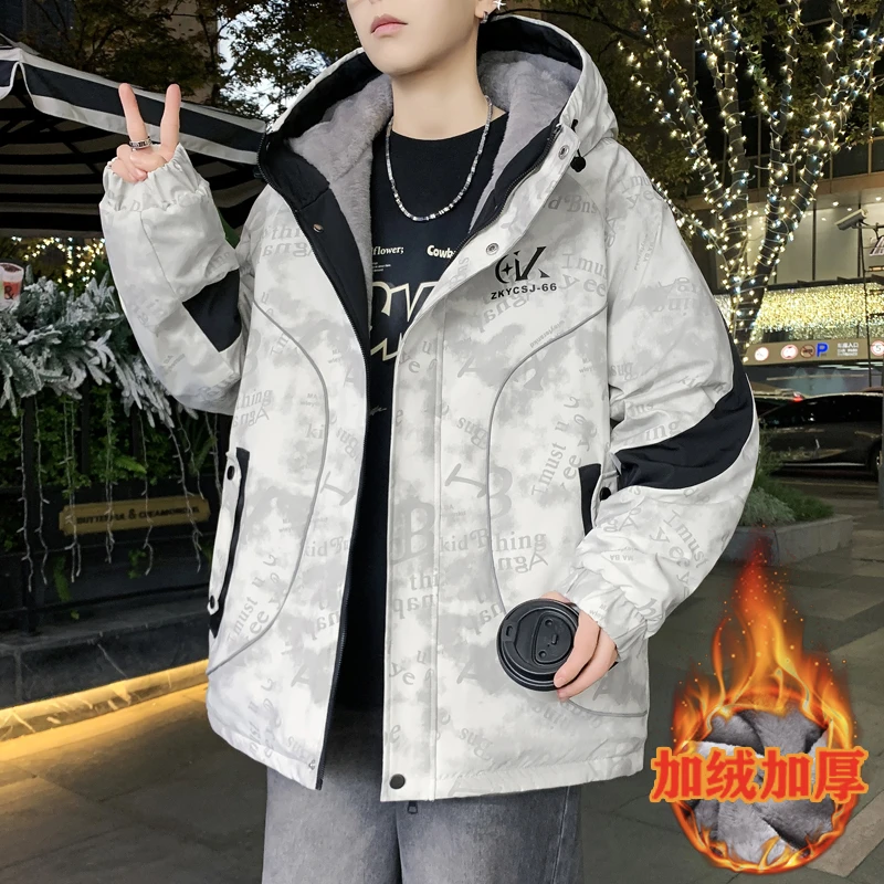 冬季加绒加厚保暖连帽外套男休闲帅气青少年时尚宽松夹克百搭潮流