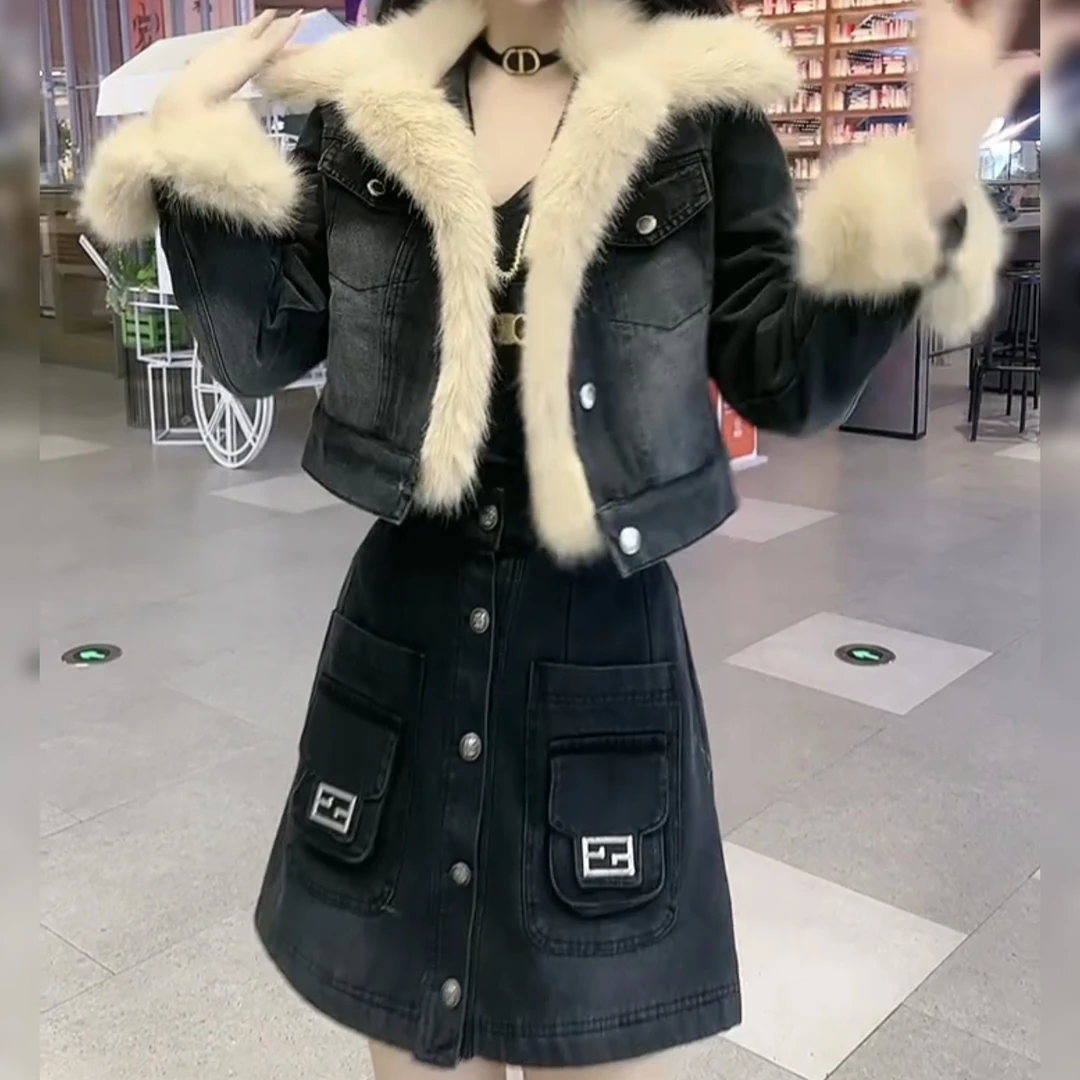 秋冬季时尚牛仔短款上衣外套百搭简约通勤韩版加厚短裤衩裙两件套