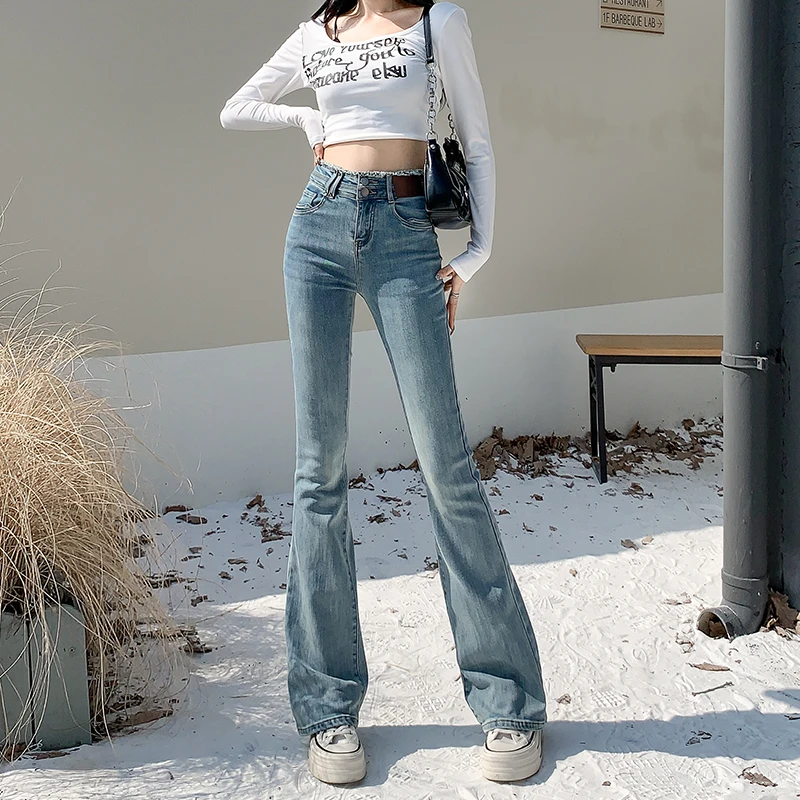2025春季新款高腰微喇牛仔裤女小个子修身显瘦百搭弹力喇叭裤长裤