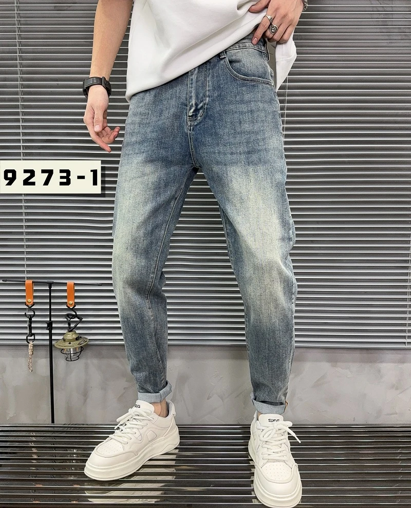 欧若风复古高腰男士牛仔裤休闲百搭弹力水洗透气修身原创直筒裤