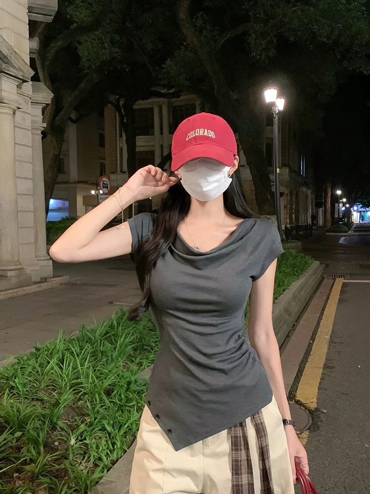 2025夏季韩系风荡领套头显瘦褶皱短袖深灰色休闲T恤上衣女