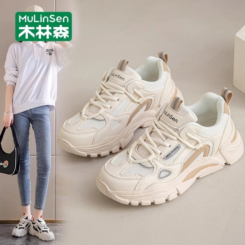 木林森增高5cm小白鞋女2025秋冬网面透气厚底显瘦休闲松糕鞋两穿