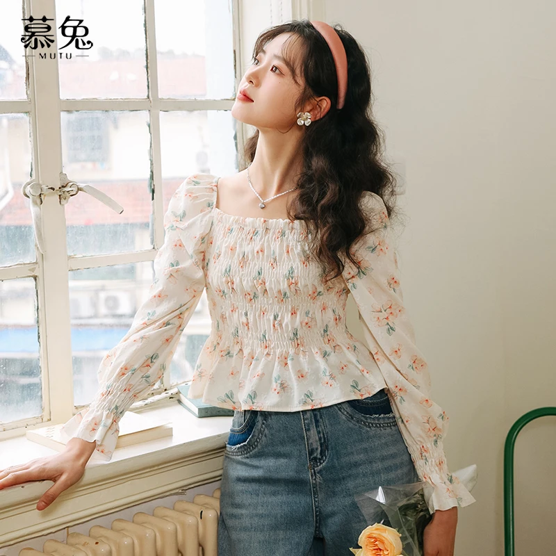 慕兔法式冷淡系高级感碎花上衣女2024秋季新款设计感小众方领衬衫