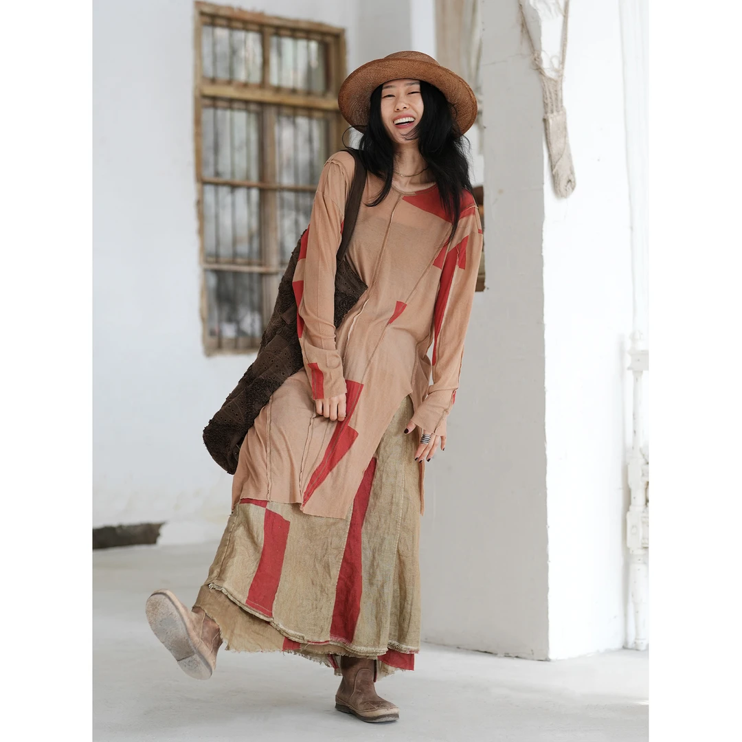 几见 原创设计春夏汉麻半身裙印花半裙复古风文艺裙子双层K51439