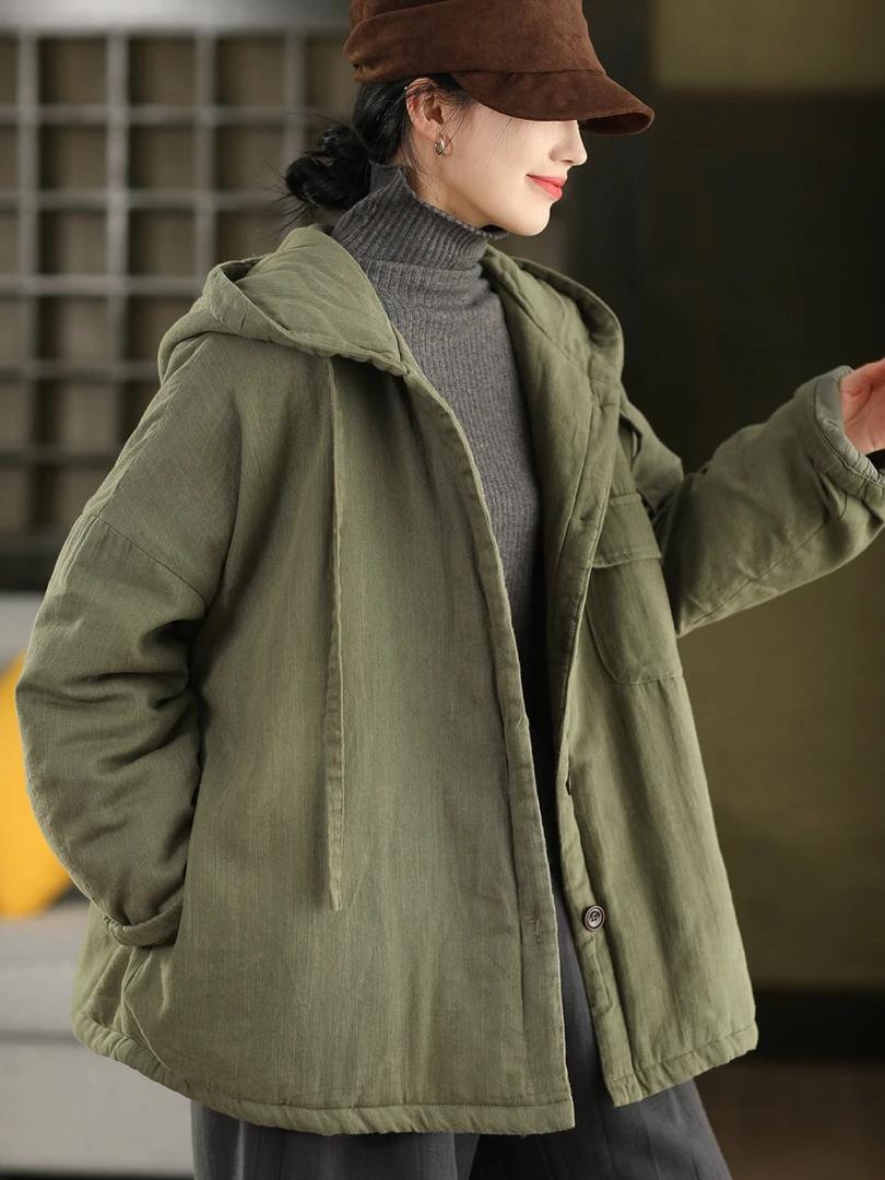 新款复古莱赛尔亚麻女士冬季连帽棉服外套女文艺宽松加厚保暖棉袄