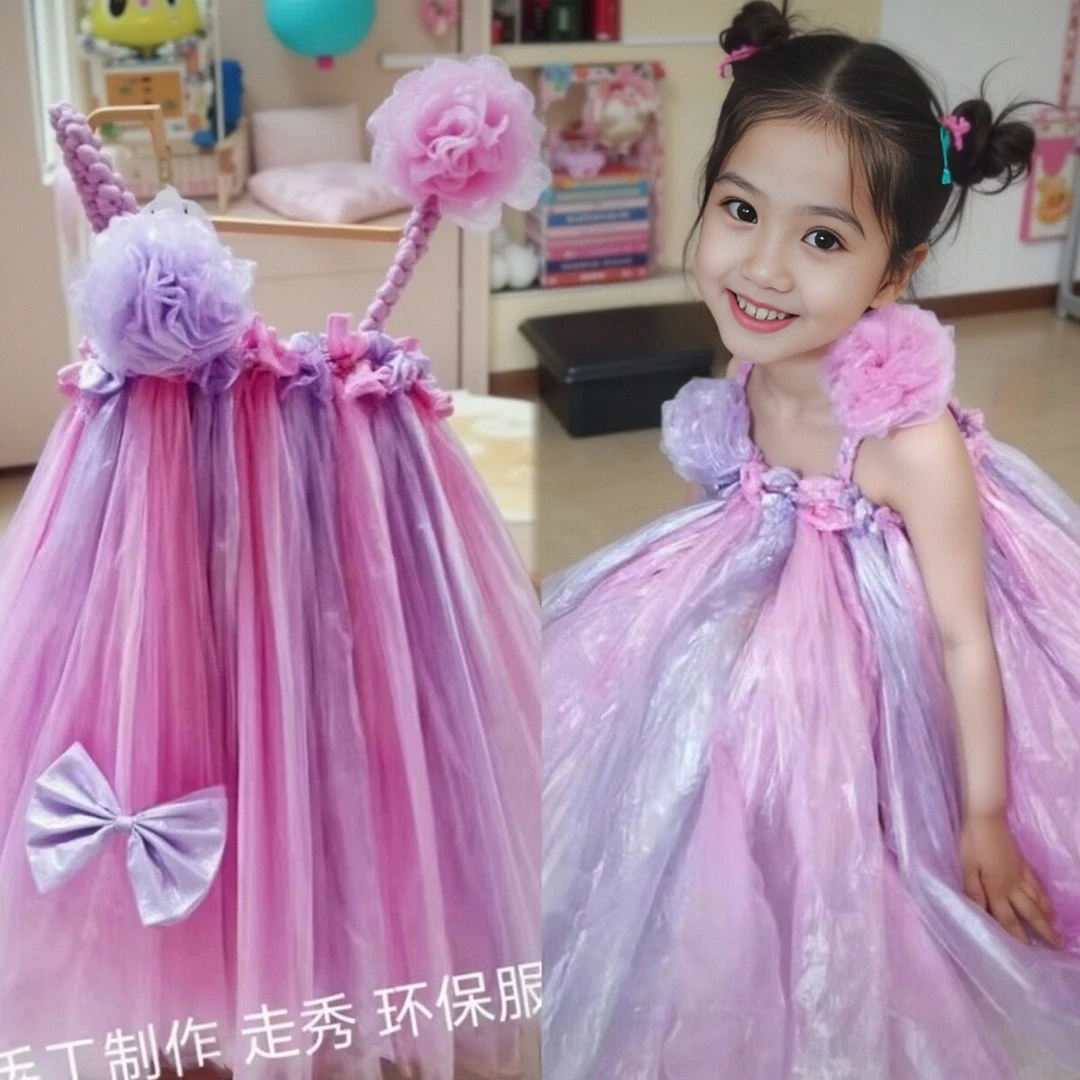 儿童环保时装秀服装女孩手工材料DIY手工制作女童裙走秀环保演出