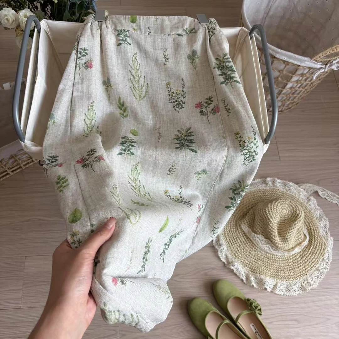 小柒家A0371- 森系印花气质显瘦A字裙半身裙