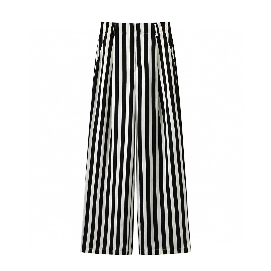 艾家2025夏季新款高腰显瘦直筒阔腿裤条纹休闲裤长裤女6731