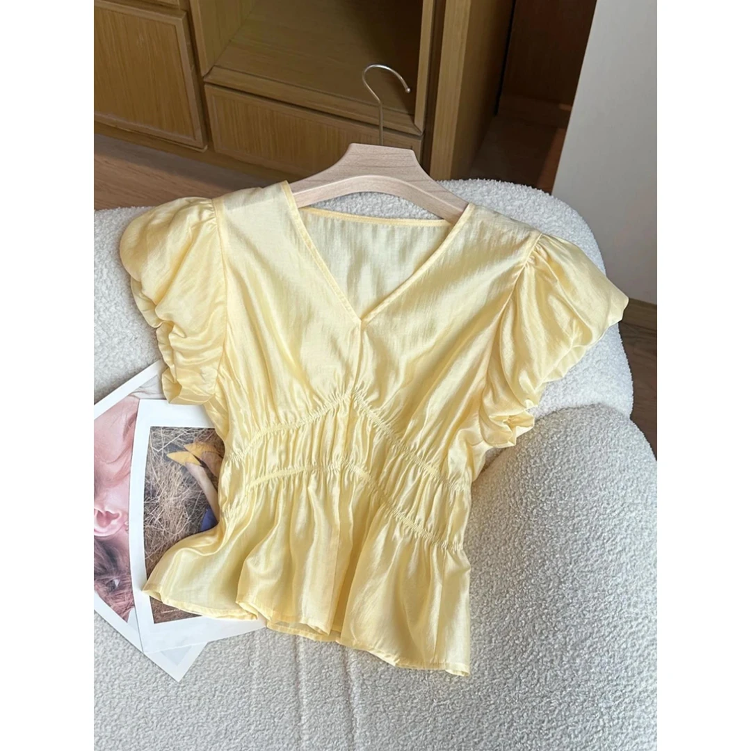 【婷婷】夏季韩版纯色褶皱收腰V领小衫上衣百搭时尚减龄短袖衬衫女