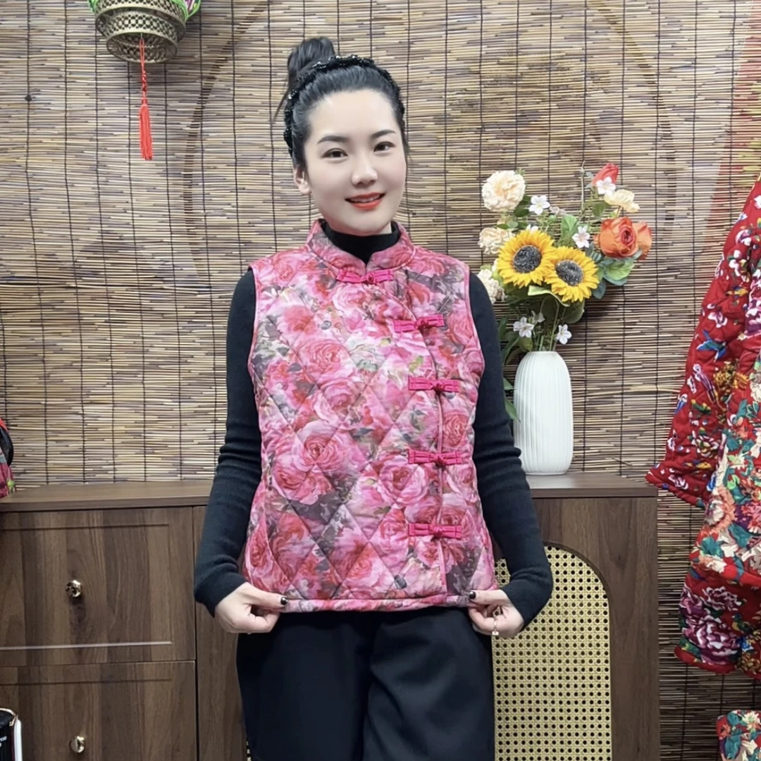 新中式民族风温柔妈妈坎肩复古盘扣花印花加绒加厚棉马甲秋冬新款