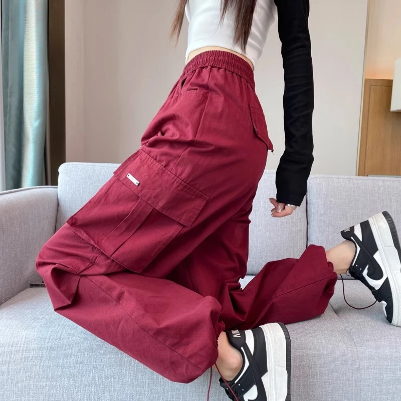 安可拉红多口袋束脚裤女春季两穿伞兵工装裤抽绳街头百搭运动裤潮