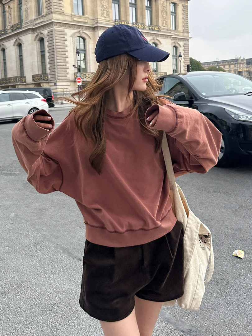 HH.CHAN“山楂红”100%棉炒盐炒色山楂红色圆领卫衣HH53H37795