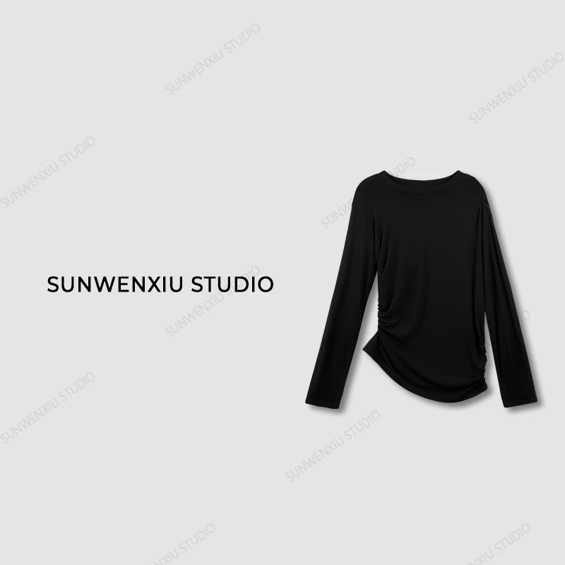 swx studio2店 打破规则 气质显瘦不规则修身黑色打底tee