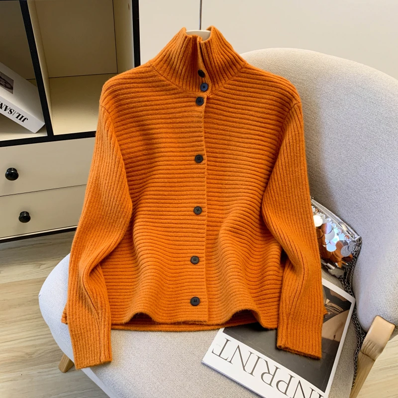 时尚风纯色立领长袖毛针织开衫女秋冬内搭外穿高级感毛衣外套3168