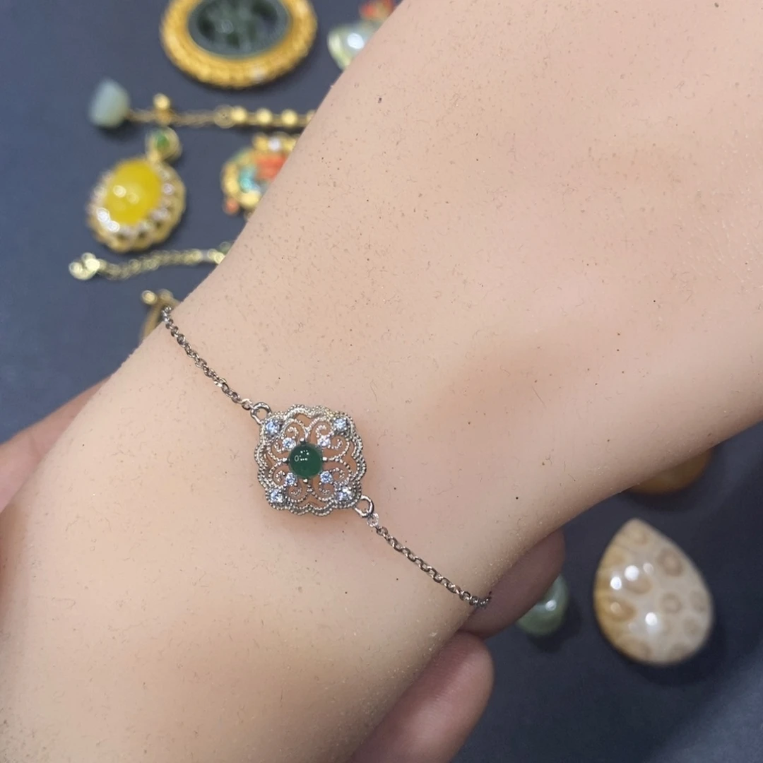 翡翠手链银S925镀金镶嵌艳**照