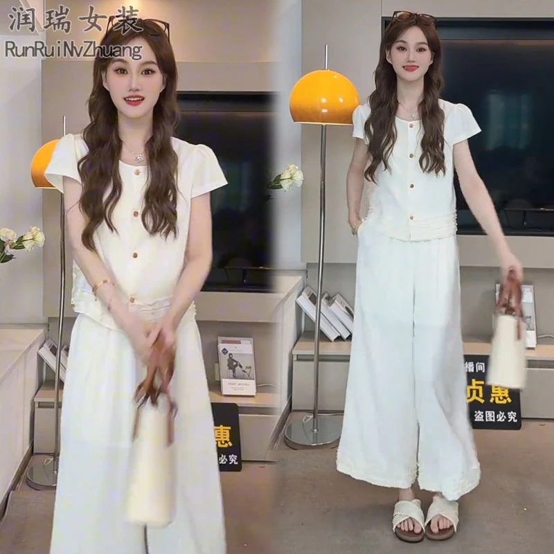 老钱风时尚套装女2025夏季新款静奢遮肚蕾丝拼接短袖阔腿裤两件套