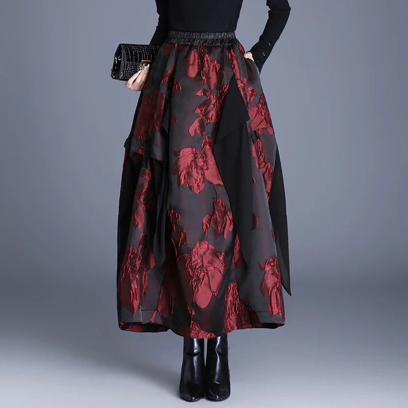 国风提花半身裙女装秋冬季新款妈妈高腰a字裙子宽松中长款花苞裙