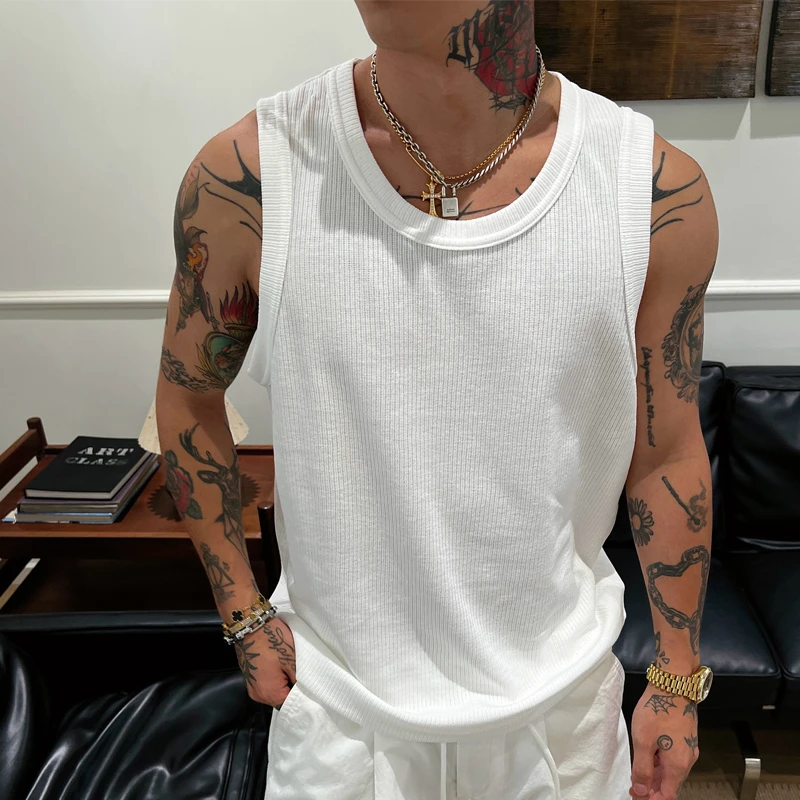 OXFREAK「坑条肌理 老钱风」纯色背心男修身运动健身排汗无袖t恤