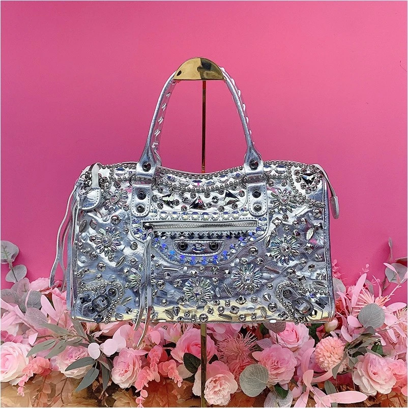 A1983欧美设计师2025秋季新款重工钉钻刺绣时尚单肩手提包包女