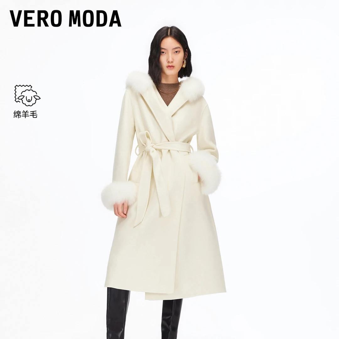 Vero Moda毛呢大衣2025秋冬新款纯绵羊毛狐狸毛领袖口外套流光风