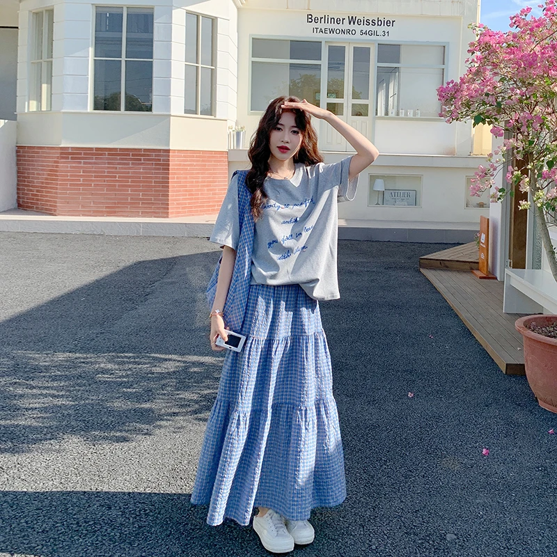 UQS韩系慵懒风女装套装2025夏季短袖上衣搭配格子半身裙两件套