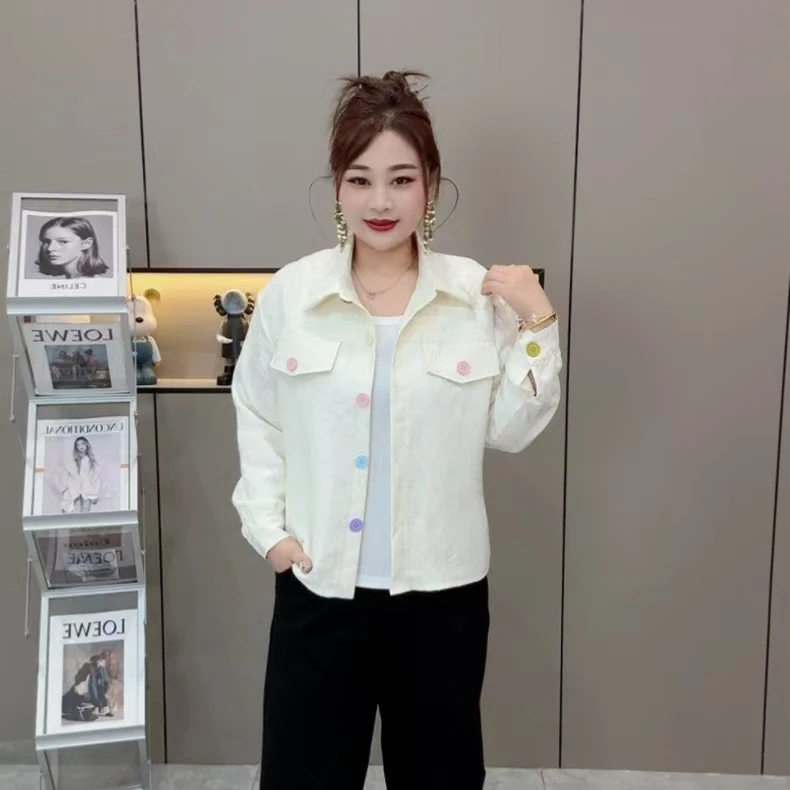 2025新款春季新款长袖胖mm遮肉大码女装彩扣提花显瘦时尚百搭外套