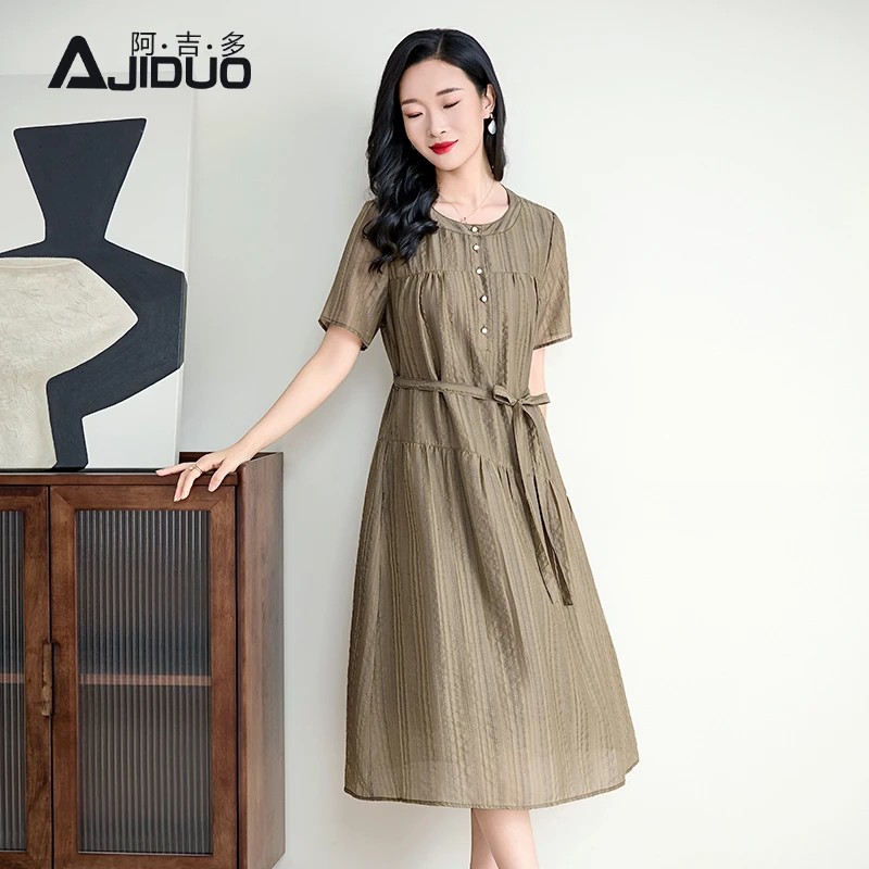 阿吉多法式气质短袖连衣裙女夏季新款高级橄榄绿大码遮肚拼接裙子