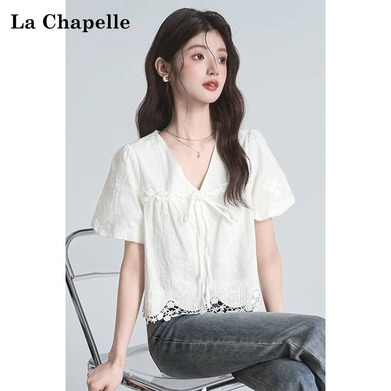 拉夏贝尔纯欲风气质米白色蕾丝设计感上衣女夏季新款法式短袖衬衫