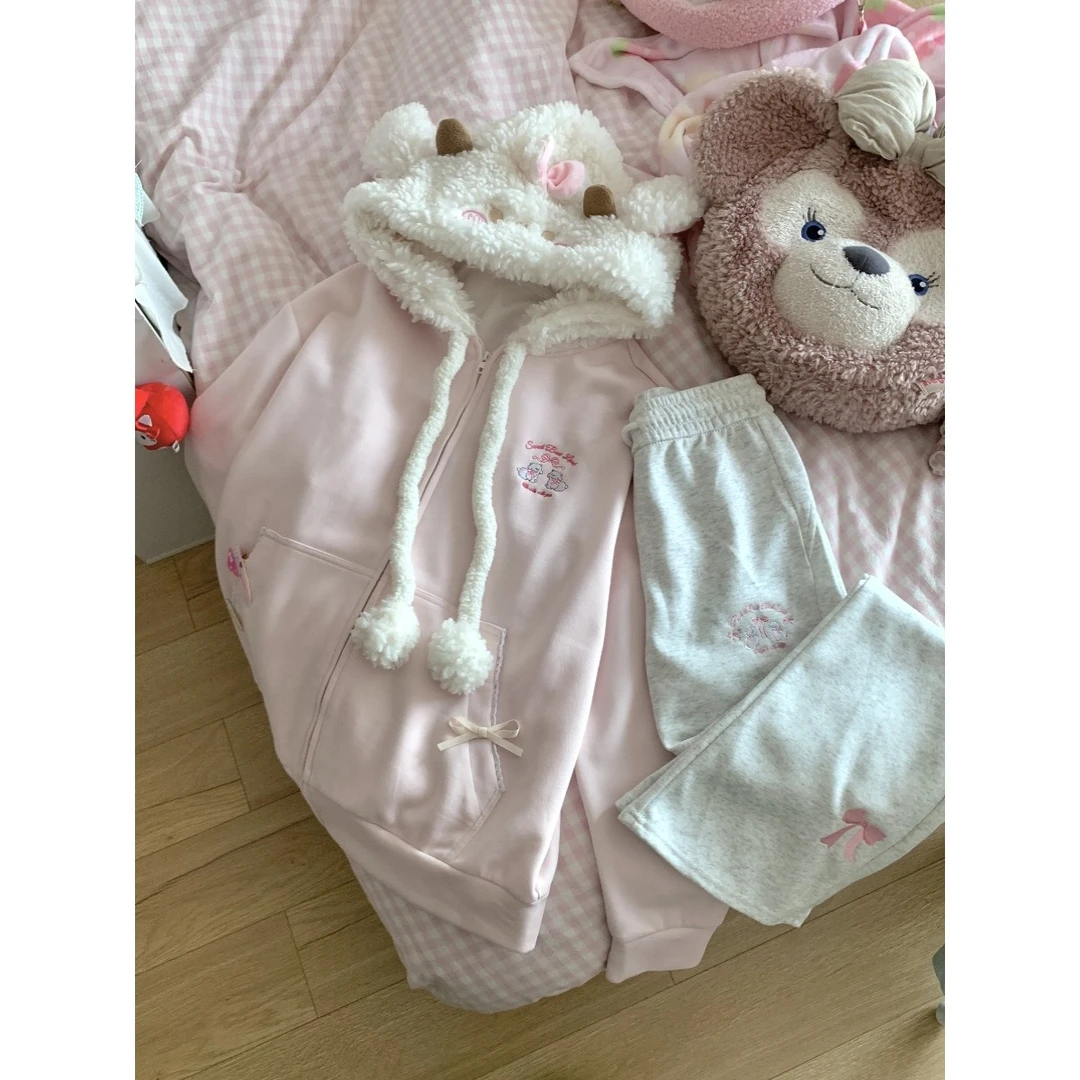 【运补6】可爱羊羔嫩粉色加绒加厚连帽卫衣秋冬甜美开衫外套女