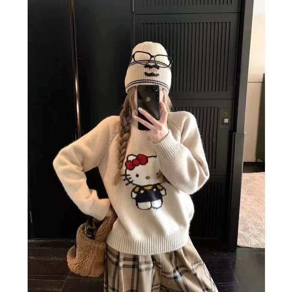 圆领kt猫提花长袖套头毛衣女感宽松针织上衣搭格纹阔腿裤套装