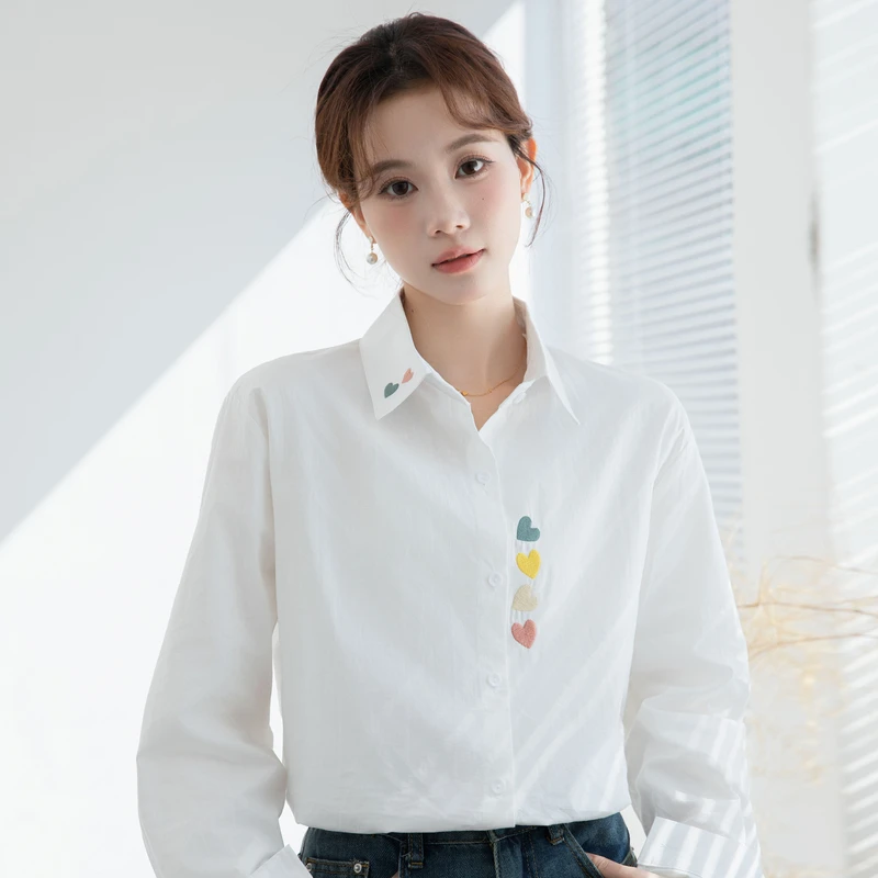 韩范文艺小清新甜美春夏卡通刺绣爱心宽松正肩白衬衫女长袖打底衫