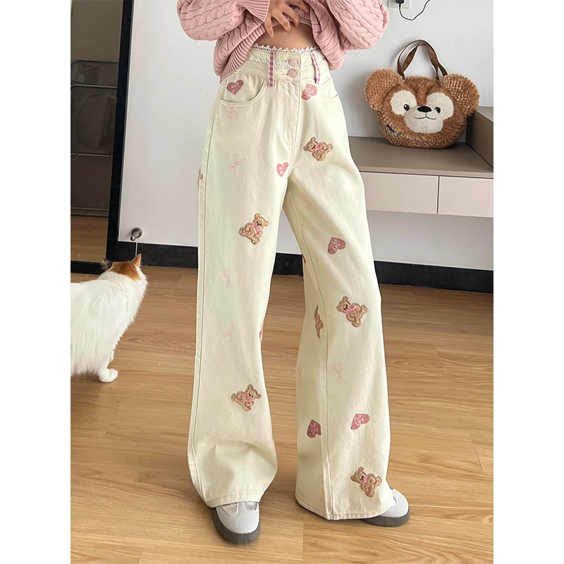 大码少女风小熊贴绣蕾丝牛仔裤女2025春季新款拼接垂感拖地直筒裤