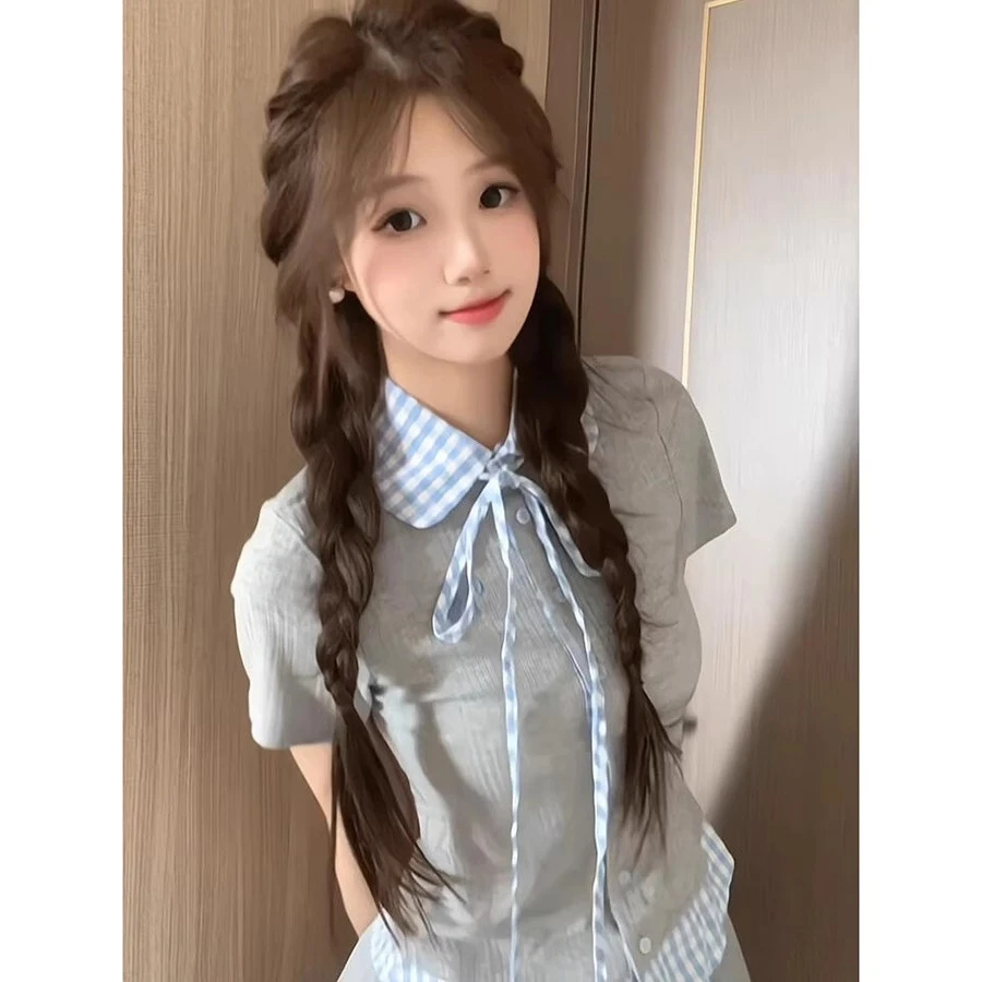 韩系学院风套装2025年夏季新款假两件短袖上衣格子拼接短裙两件套