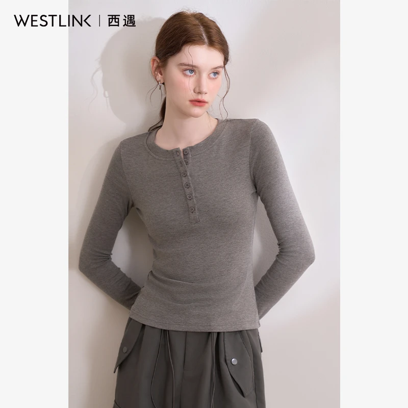 韩系纯欲纽扣半开领T恤女2025春季设计感修身打底衫上衣