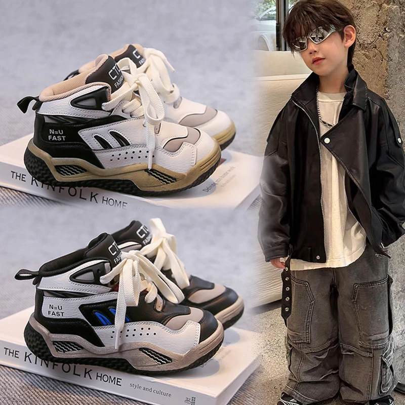 秋季儿童运动鞋中帮护踝中大童防滑耐磨男童鞋子韩版男孩板鞋皮面