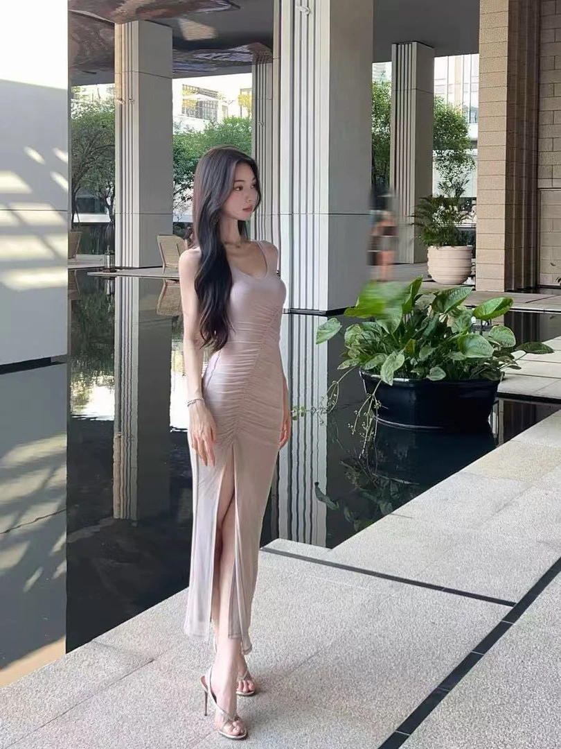 <<No退NO换>>清冷灰连衣裙褶皱修身显瘦性感开衩包臀长裙女夏季