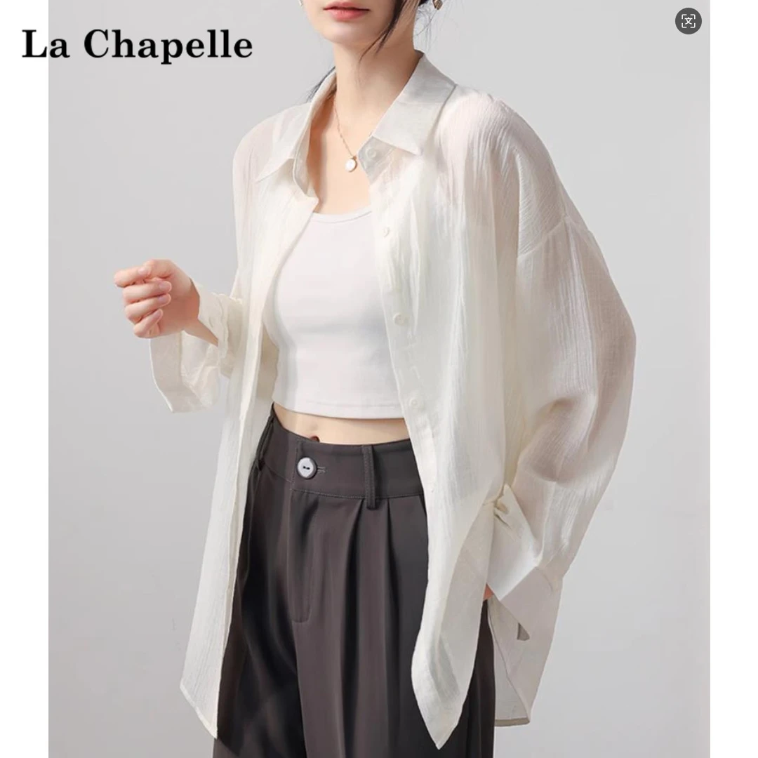 拉夏贝尔防晒衬衫女2025新款夏季天丝薄外套雪纺白色衬衣慵懒宽松