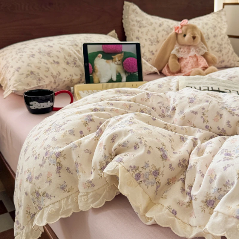 新法式全棉双层纱四件套夏季香芋紫小碎花边少女心被套床单三件套