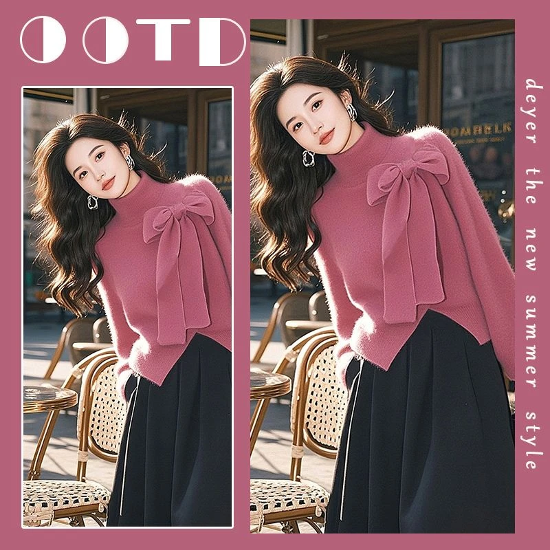 2024秋季穿搭一整套女新款韩版气质百搭蝴蝶结上衣半身裙两件套装