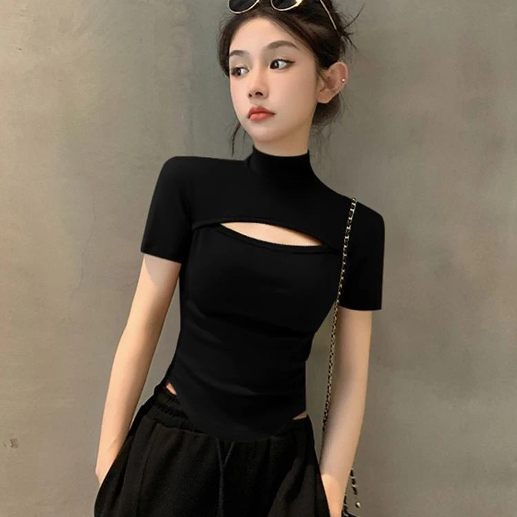 2025新款夏季黑色半高领短袖T恤女不规则下摆紧身镂空小众上衣潮