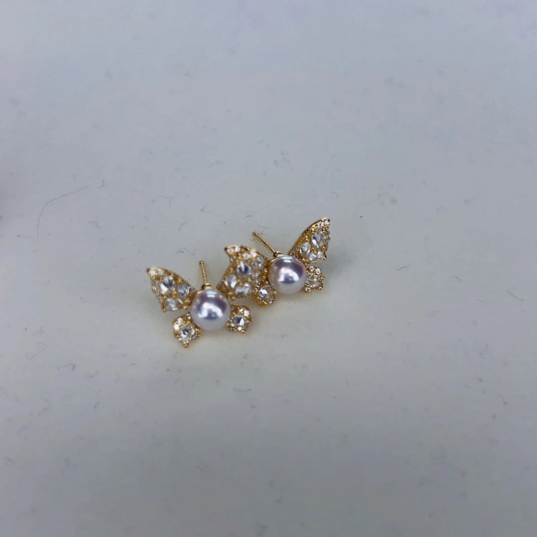 海水珍珠海水akoya设计款耳钉5-6mm银S925镶嵌