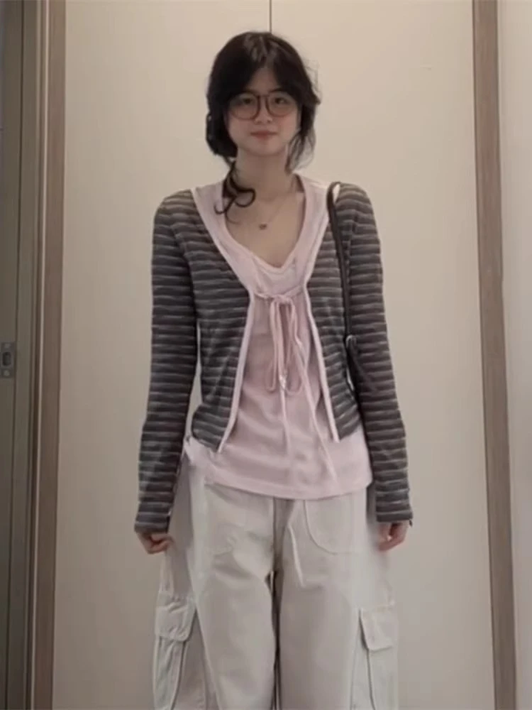 复古撞色条纹短开衫女系带t恤设计感小众修身显瘦上衣少女感外套