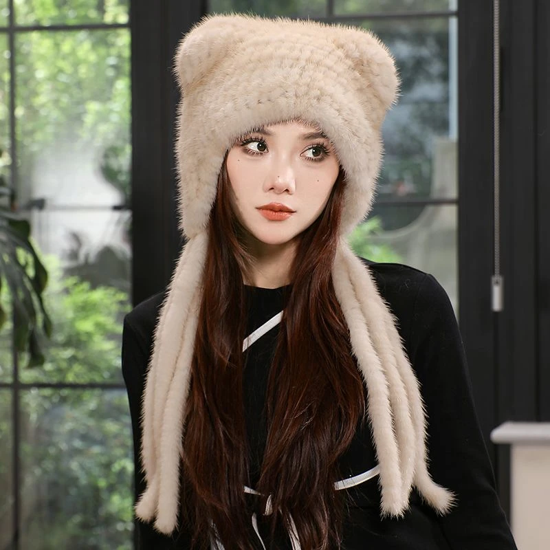 新款水貂毛编织皮草帽子女秋冬季洋气百搭流苏小耳朵款保暖护耳帽