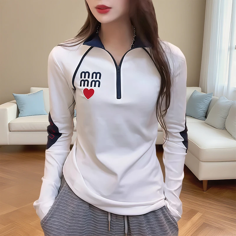 高级感半拉链长袖复古爱心刺绣T恤女欧货大码时髦半开领打底衫女