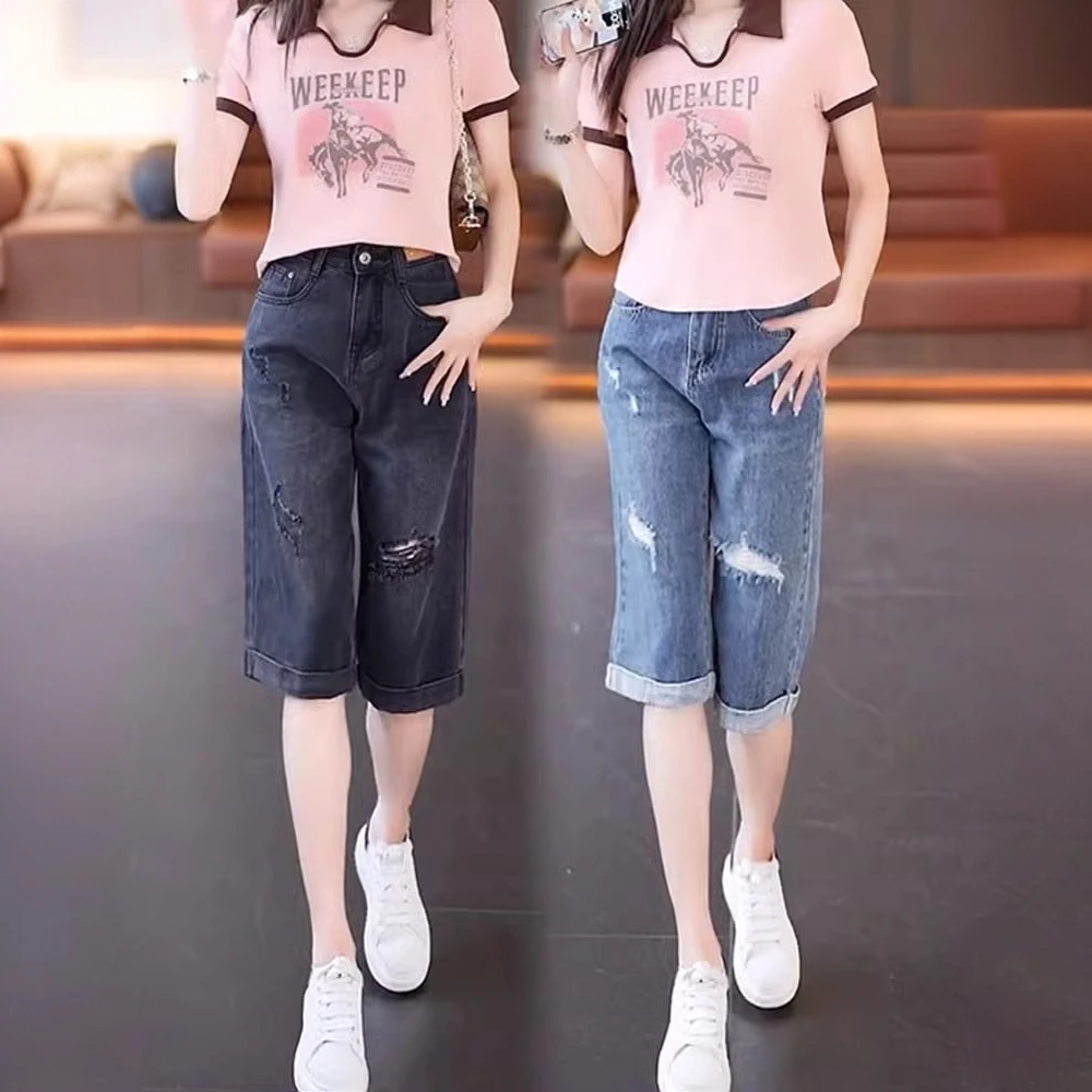 梨型身材薄款直筒牛仔短裤子2025大码夏季女新款显瘦破洞五六分裤