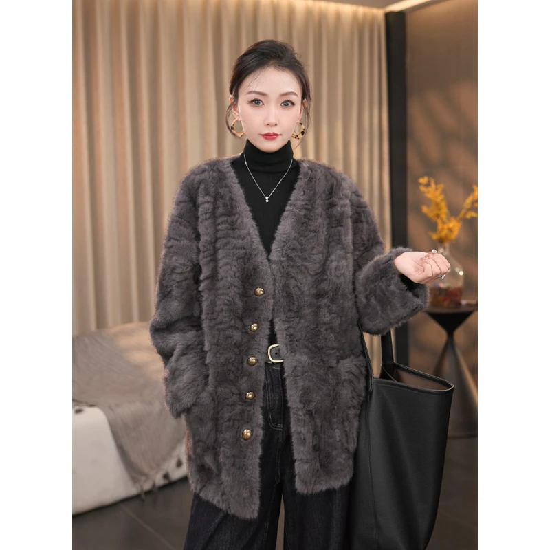 花姐老钱风V领毛毛外套女2025春季新款女装保暖轻奢气质大衣