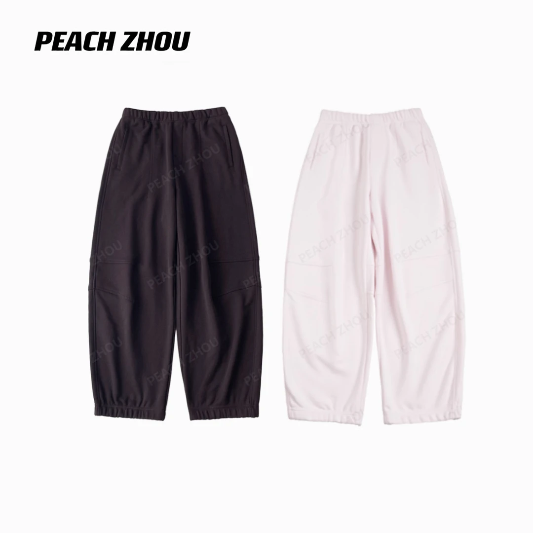 『PEACHZHOU』立裁宽松直筒休闲裤内抽绳松紧腰基础纯色阔腿长裤